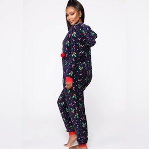 Fashion Nova Kiss Me Under the Mistletoe PJ Onesie- Navy/ Multi